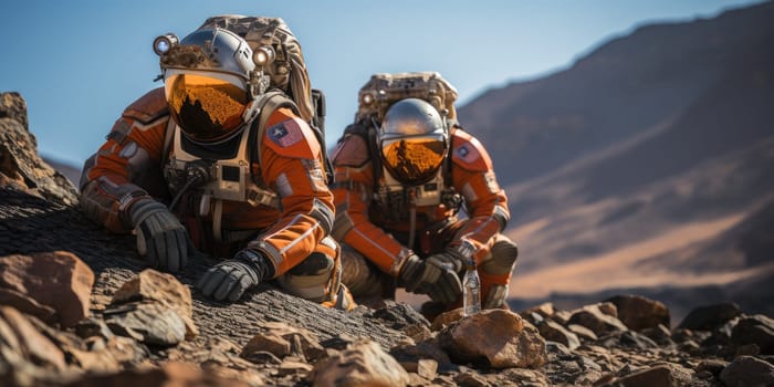 Astronauts in futuristic space suits are exploring the surface of Mars in order to live on Mars in the future by Generative AI.