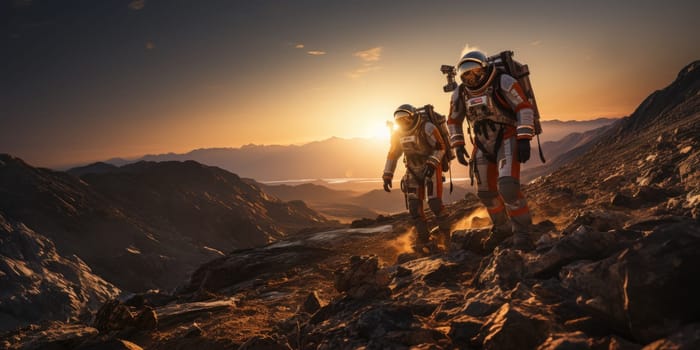 Astronauts in futuristic space suits are exploring the surface of Mars in order to live on Mars in the future by Generative AI.