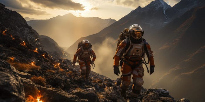 Astronauts in futuristic space suits are exploring the surface of Mars in order to live on Mars in the future by Generative AI.