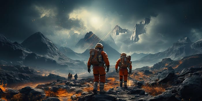 Astronauts in futuristic space suits are exploring the surface of Mars in order to live on Mars in the future by Generative AI.