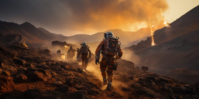 Astronauts in futuristic space suits are exploring the surface of Mars in order to live on Mars in the future by Generative AI.