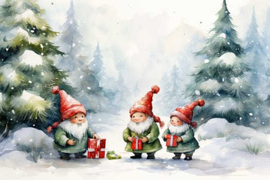 Adorable watercolor gnomes gather around the Christmas tree, exchanging gift in the cool Arctic atmosphere. Full color, textured knitted illustrations, suitable for nursery art by Generative AI.