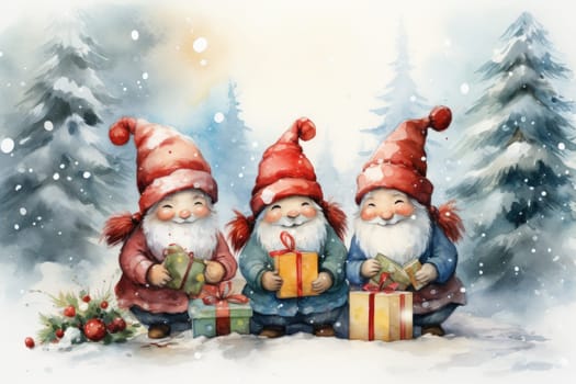 Adorable watercolor gnomes gather around the Christmas tree, exchanging gift in the cool Arctic atmosphere. Full color, textured knitted illustrations, suitable for nursery art by Generative AI.