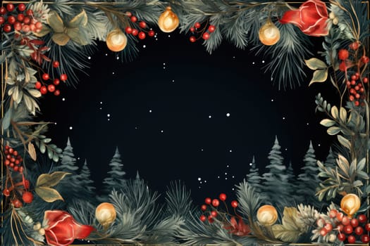 Frame for Christmas party invitations, rectangle, retro winter theme, Christmas leaves, felt blanket, fairy lights, cozy atmosphere, Christmas tree and incandescent Christmas lights by Generative AI.