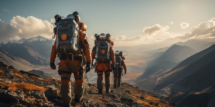 Astronauts in futuristic space suits are exploring the surface of Mars in order to live on Mars in the future by Generative AI.