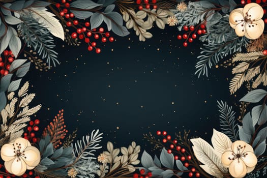 Frame for Christmas party invitations, rectangle, retro winter theme, Christmas leaves, felt blanket, fairy lights, cozy atmosphere, Christmas tree and incandescent Christmas lights by Generative AI.