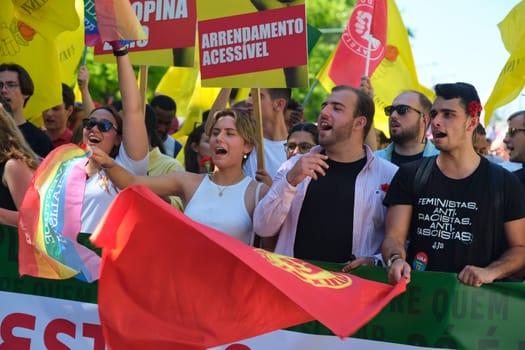 Lisbon, Portugal - April 25, 2023: Anniversary celebration of The Carnation Revolution aka the 25 April Revolution (25 de Abril) by demonstration march