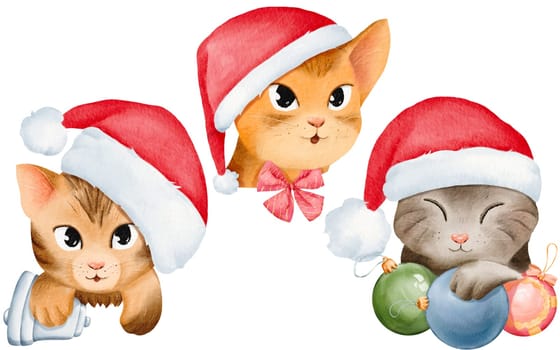 Set of kittens exuding holiday cheer. with Santa hats and Christmas baubles, these cat portraits are for stickers, cards, sets, and design elements. Each is an isolated watercolor digital illustration.
