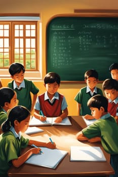 students and pupil in lesson at school in a classroom, bright dayligh, in uniform illustration generative ai art