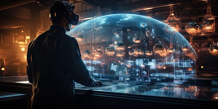 Futuristic technology background with a digital HUD interface, showcasing virtual computer screens and cyber communication holograms in a VR cyberspace by Generative AI.