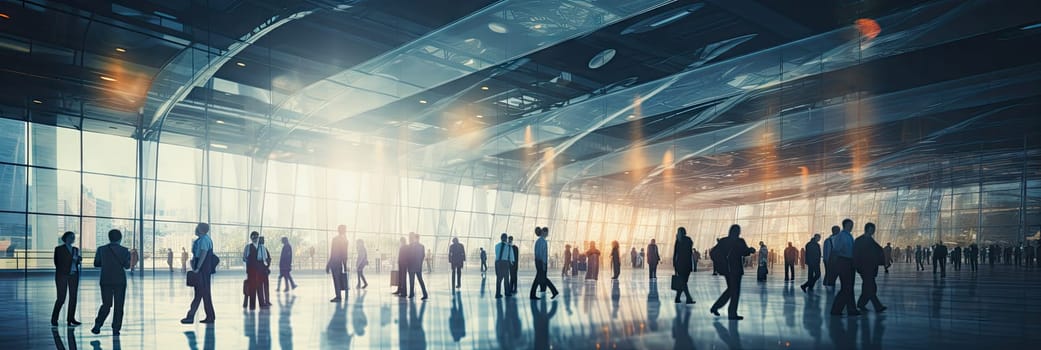 Blurry businessman Walking in the shopping center or atrium. Banner by Generative AI.