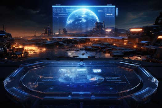 Futuristic technology background with a digital HUD interface, showcasing virtual computer screens and cyber communication holograms in a VR cyberspace by Generative AI.