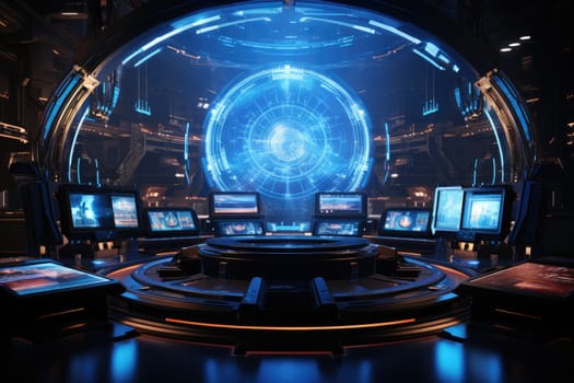 Futuristic technology background with a digital HUD interface, showcasing virtual computer screens and cyber communication holograms in a VR cyberspace by Generative AI.