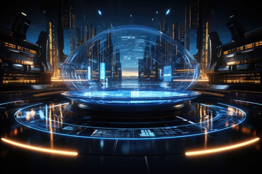 Futuristic technology background with a digital HUD interface, showcasing virtual computer screens and cyber communication holograms in a VR cyberspace by Generative AI.