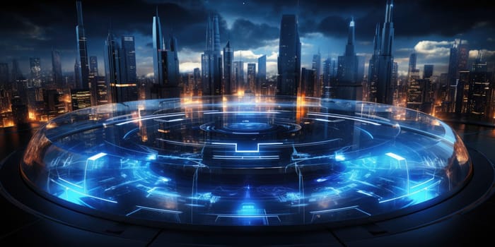 Futuristic technology background with a digital HUD interface, showcasing virtual computer screens and cyber communication holograms in a VR cyberspace by Generative AI.