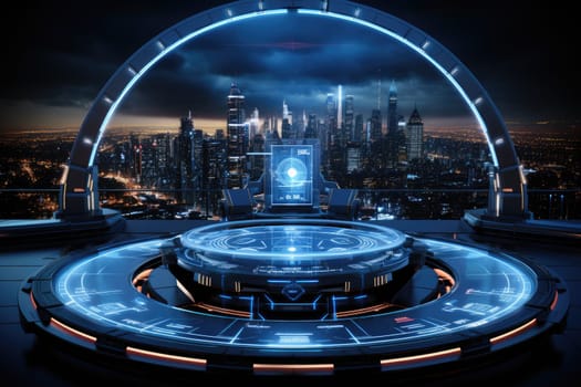 Futuristic technology background with a digital HUD interface, showcasing virtual computer screens and cyber communication holograms in a VR cyberspace by Generative AI.