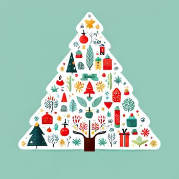 Greeting card concept with the words Merry Christmas. Abstract Christmas tree shape arranged with festive symbols