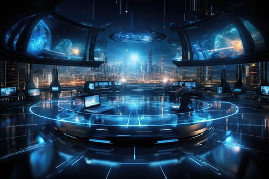 Futuristic technology background with a digital HUD interface, showcasing virtual computer screens and cyber communication holograms in a VR cyberspace by Generative AI.