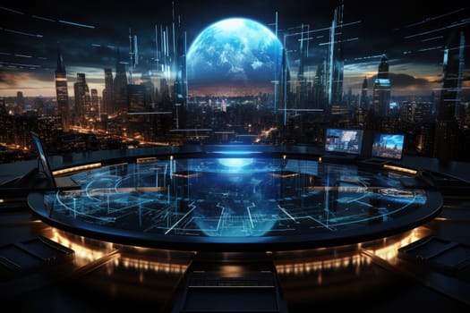 Futuristic technology background with a digital HUD interface, showcasing virtual computer screens and cyber communication holograms in a VR cyberspace by Generative AI.