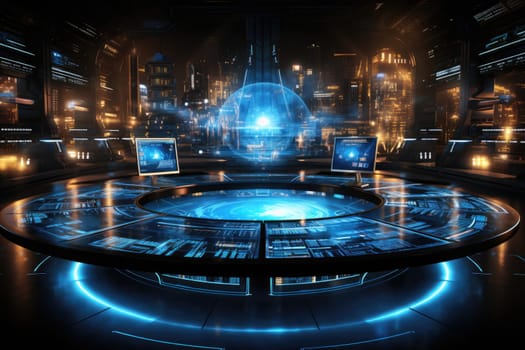 Futuristic technology background with a digital HUD interface, showcasing virtual computer screens and cyber communication holograms in a VR cyberspace by Generative AI.