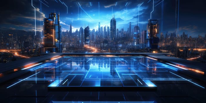 Futuristic technology background with a digital HUD interface, showcasing virtual computer screens and cyber communication holograms in a VR cyberspace by Generative AI.