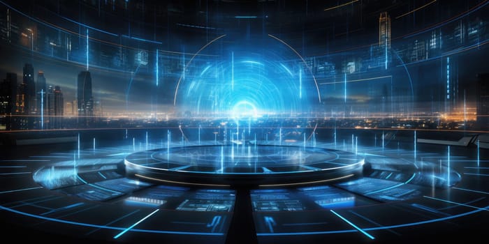 Futuristic technology background with a digital HUD interface, showcasing virtual computer screens and cyber communication holograms in a VR cyberspace by Generative AI.