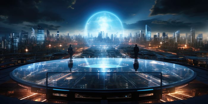 Futuristic technology background with a digital HUD interface, showcasing virtual computer screens and cyber communication holograms in a VR cyberspace by Generative AI.