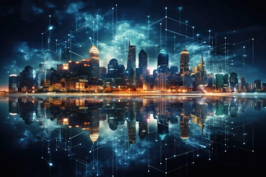 Abstract night city background Smart cities, AI and digital transformation concepts embrace the world of the future by Generative AI.