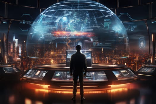 Futuristic technology background with a digital HUD interface, showcasing virtual computer screens and cyber communication holograms in a VR cyberspace by Generative AI.