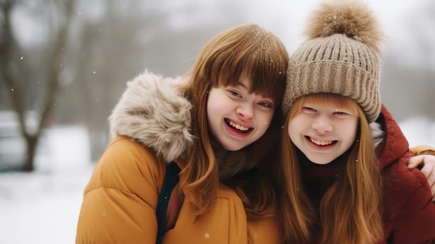 Portrait of Young, beautiful, smiling and happy girls friends with Down syndrome in jackets against the backdrop of a winter, snowy landscape. Concept of traveling around the world, recreation, vacations, tourism in unusual places.