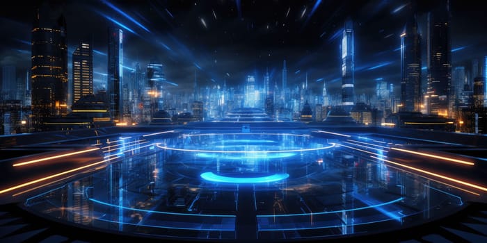 Futuristic technology background with a digital HUD interface, showcasing virtual computer screens and cyber communication holograms in a VR cyberspace by Generative AI.