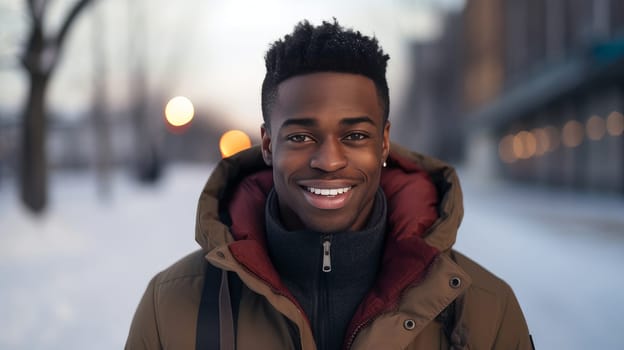 Portrait of a young handsome smiling African American man in a jacket against the backdrop of a winter snowy landscape. Concept of traveling around the world, recreation, winter sports, vacations, tourism in the mountains and unusual places.