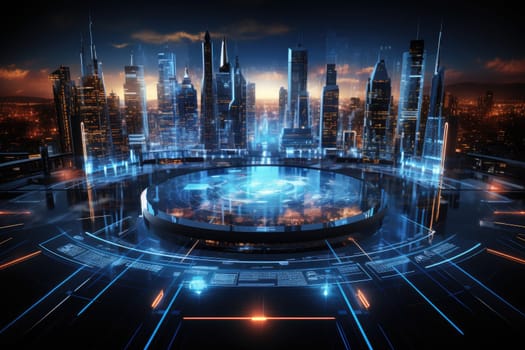 Futuristic technology background with a digital HUD interface, showcasing virtual computer screens and cyber communication holograms in a VR cyberspace by Generative AI.