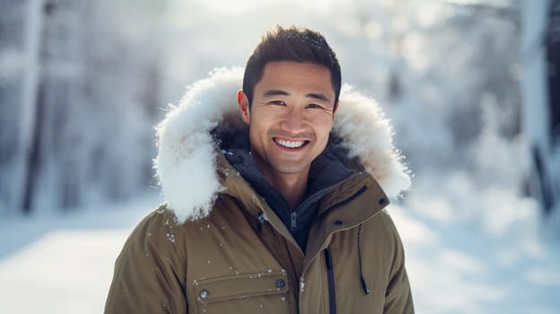Portrait of a young handsome smiling Asian man in a jacket against the backdrop of a winter snowy landscape. Concept of traveling around the world, recreation, winter sports, vacations, tourism in the mountains and unusual places.