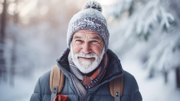 Portrait of a handsome smiling elderly man, a pensioner in a jacket against the backdrop of a winter snowy landscape. Concept of traveling around the world, recreation, winter sports, vacations, tourism in the mountains and unusual places.