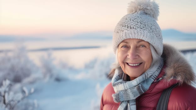 Portrait of a young beautiful smiling elderly woman, a pensioner in a jacket against the backdrop of a winter snowy landscape. Concept of traveling around the world, recreation, winter sports, vacations, tourism in the mountains and unusual places.