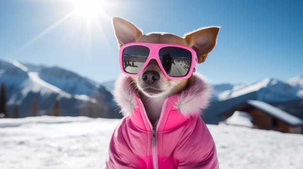 A happy active small, cheerful dog in a pink jacket and glasses runs through the snow overlooking a snowy landscape of a forest and mountains, at a ski resort. traveling around the world recreation, winter sports, vacations, tourism in unusual places