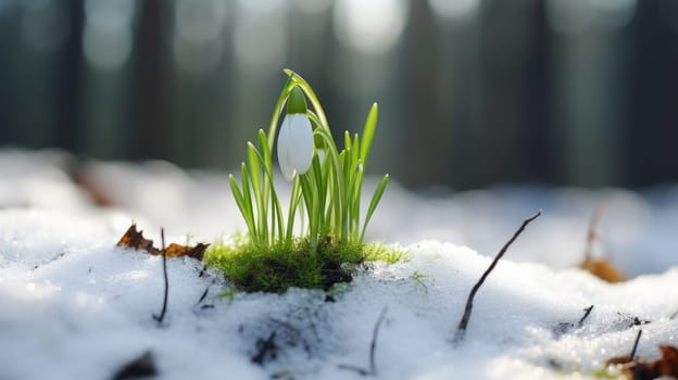 Snowdrops in spring among the snow. Concept of traveling around the world, recreation, winter sports, vacations, tourism in the mountains and unusual places.