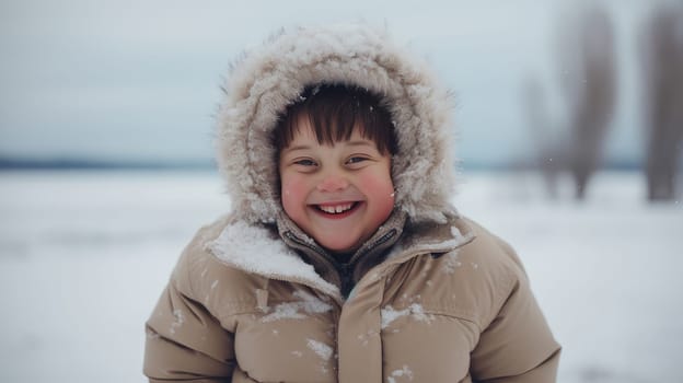 Portrait of a young, beautiful, smiling and happy child with Down syndrome in a jacket against the backdrop of a winter, snowy landscape. Concept of traveling around the world, recreation, winter sports, vacations