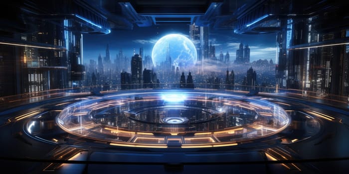 Futuristic technology background with a digital HUD interface, showcasing virtual computer screens and cyber communication holograms in a VR cyberspace by Generative AI.