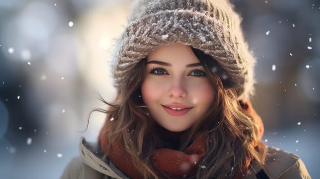 Portrait of a young beautiful smiling woman in a jacket against the backdrop of a winter snowy landscape. Concept of traveling around the world, recreation, winter sports, vacations, tourism in the mountains and unusual places.