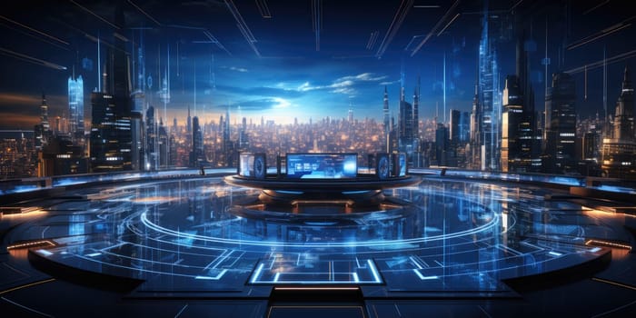 Futuristic technology background with a digital HUD interface, showcasing virtual computer screens and cyber communication holograms in a VR cyberspace by Generative AI.