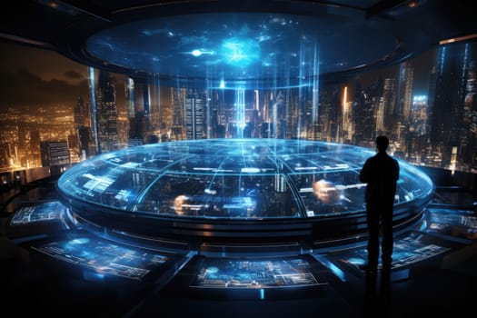 Futuristic technology background with a digital HUD interface, showcasing virtual computer screens and cyber communication holograms in a VR cyberspace by Generative AI.