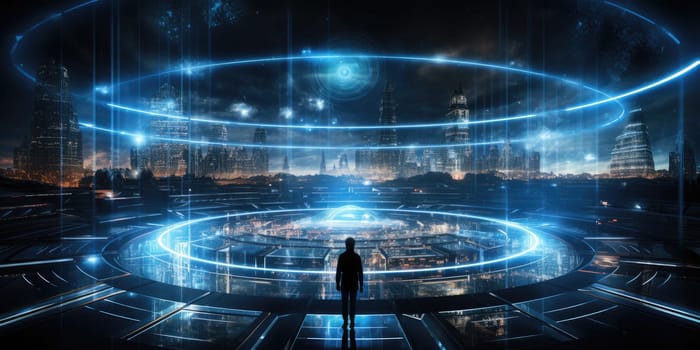 Futuristic technology background with a digital HUD interface, showcasing virtual computer screens and cyber communication holograms in a VR cyberspace by Generative AI.