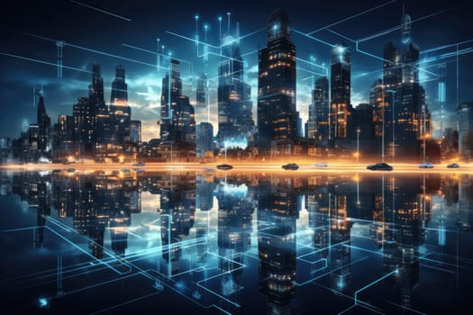 Abstract night city background Smart cities, AI and digital transformation concepts embrace the world of the future by Generative AI.