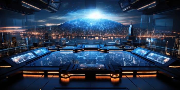 Futuristic technology background with a digital HUD interface, showcasing virtual computer screens and cyber communication holograms in a VR cyberspace by Generative AI.