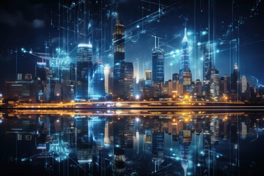 Abstract night city background Smart cities, AI and digital transformation concepts embrace the world of the future by Generative AI.