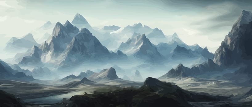 Fantasy epic magic mountain landscape. Mystical winter valley valley , Panoramic view of big mountains . Mountains landscape. Rural nature background. hills horizon