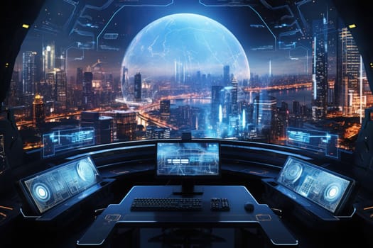 Futuristic technology background with a digital HUD interface, showcasing virtual computer screens and cyber communication holograms in a VR cyberspace by Generative AI.