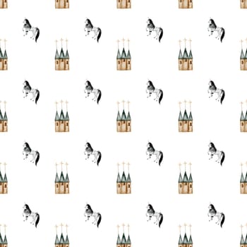 seamless hand drawn pattern with vintage unicorn and magic castle. Elegant pattern for printing on children's linens, pajamas, and packaging for children's clothing. Vintage unicorn in cartoon style on white background. High quality illustration